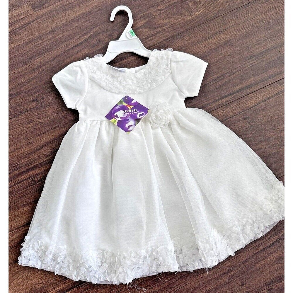 Blueberi Boulevard Baby Girls Floral Applique Tule white Cute Dress